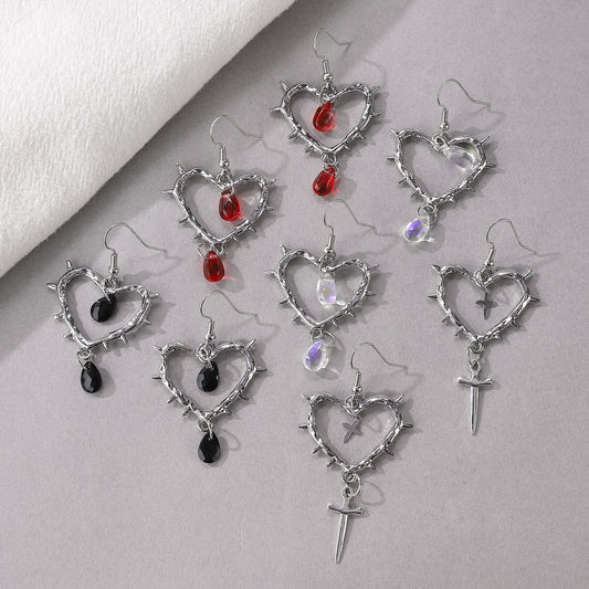 Women's Gothic Handmade Thorn Heart-shaped Cross Water Earrings