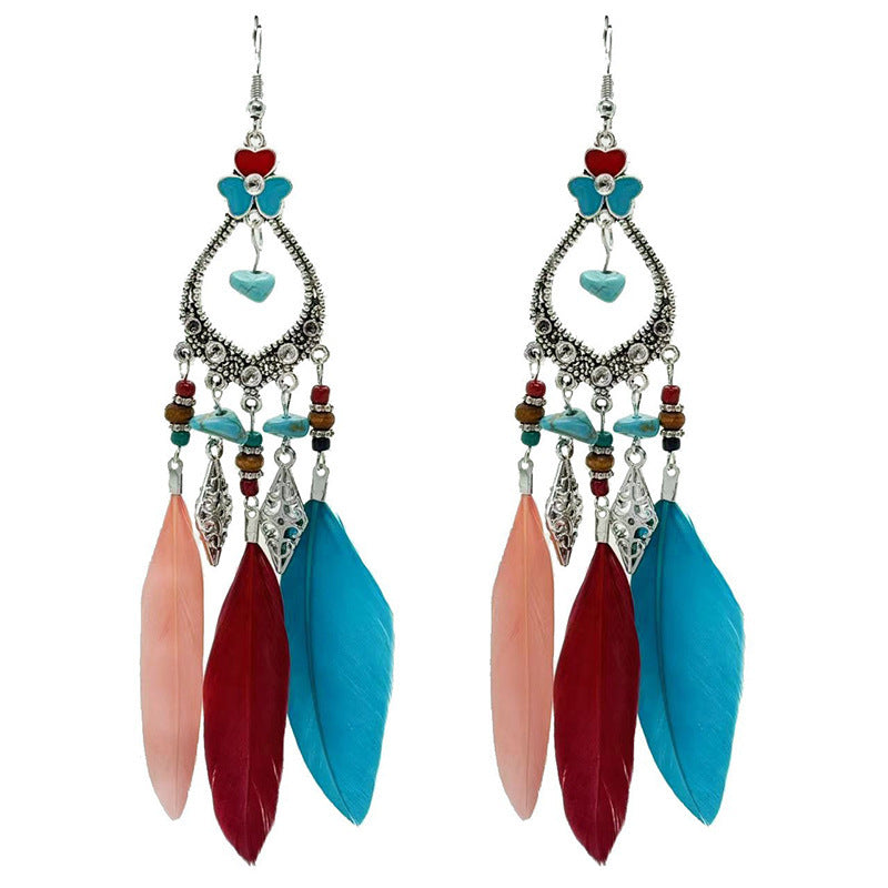 Women's Bohemian Feather Irregular Natural Stone Retro Earrings