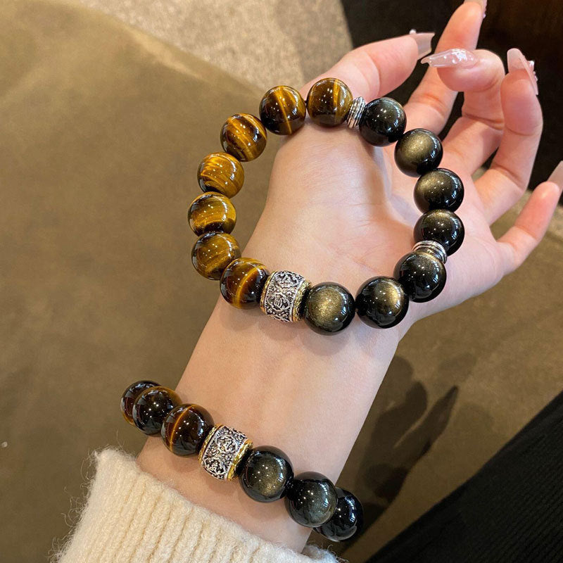 Men's Tigereye Gift Husband Obsidian Gold Crystal Bracelet