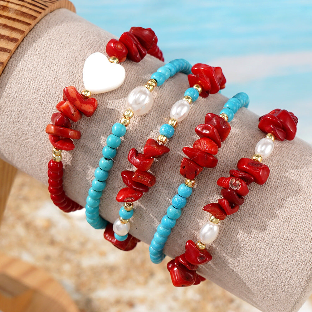 Summer Seaside Wear Red Coral Broken Pearl Heart Niche Design Bracelets
