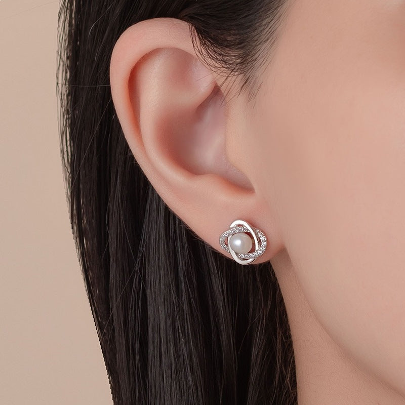 Sterling Sier Natural Pearl Four Leaf Clover Ear Elegant High Stud Earrings