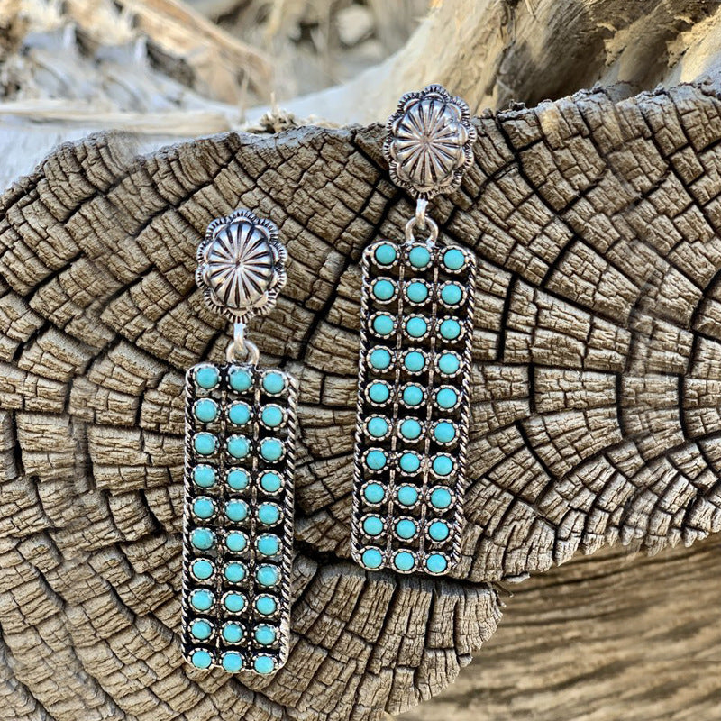 Western Style Geometric Long Strip Inlaid Earrings