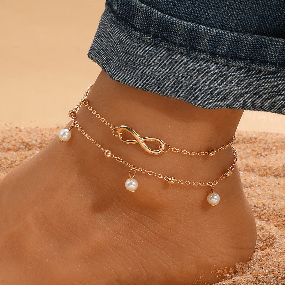 Women's Su Meng Vintage Pearl Heart Unlimited Fashion Bohemian Foot Anklets