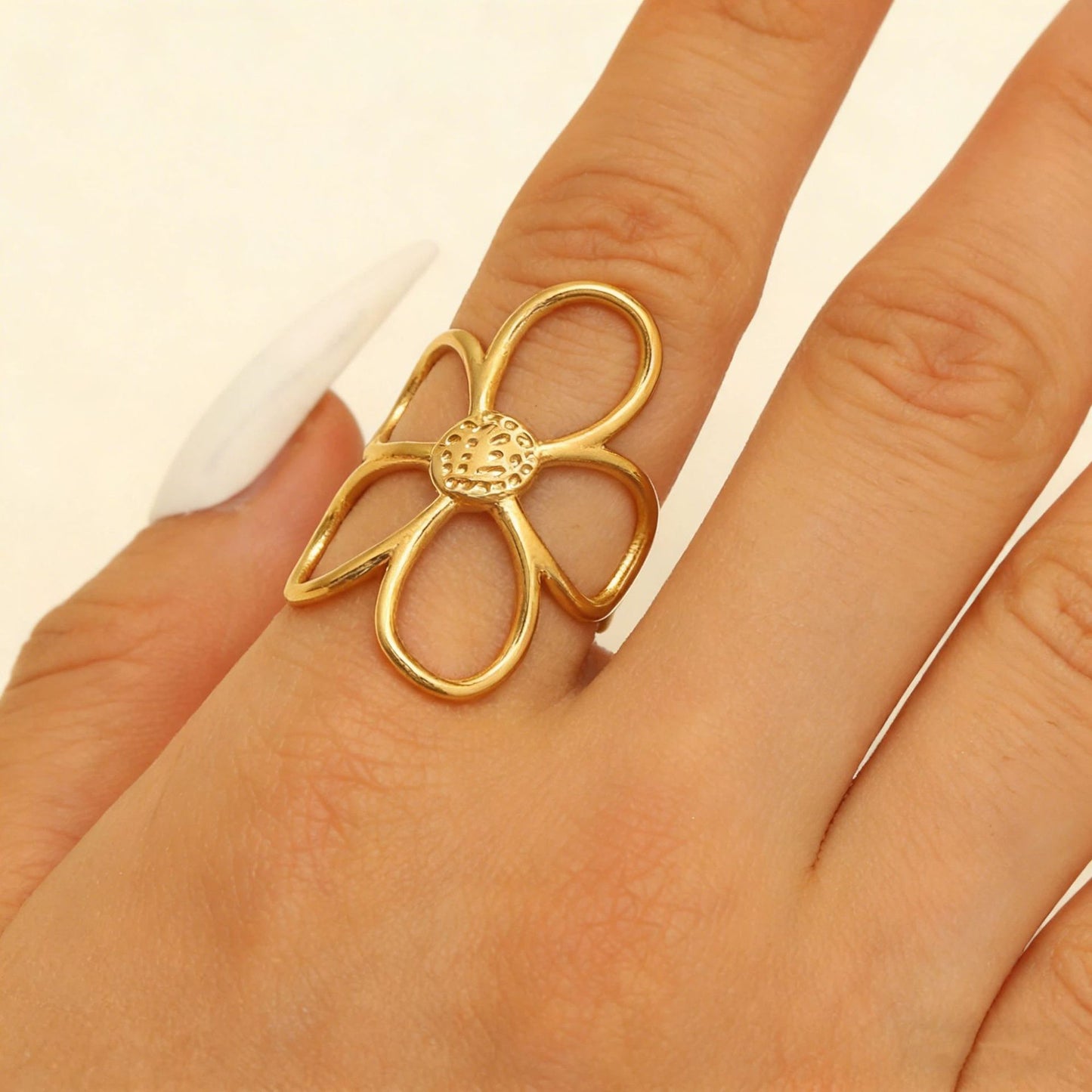Steel Flower Leaf Female Exaggerated Personalized Hollow Ring