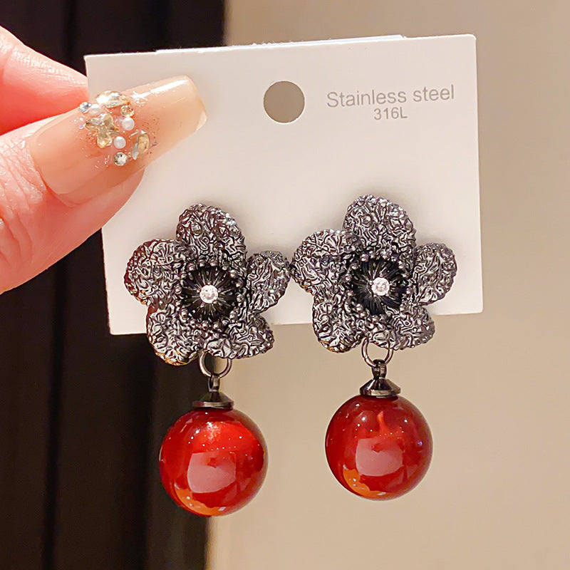 Women's Sier Needle Light Luxury Zircon Flower Artificial Pearl Style Niche Earrings