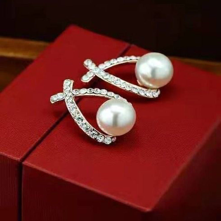 Women's Sier Needle Korean Style Fashion Geometry Pattern Cross Pearl Shining Earrings