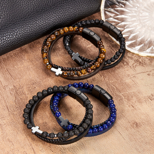 Stone Leather Obsidian Volcanic Rock Elements Bracelets