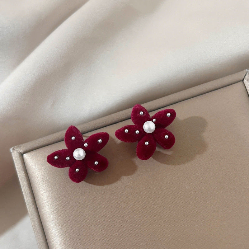 Women's Wine Red Flocking Bow French Retro Earrings