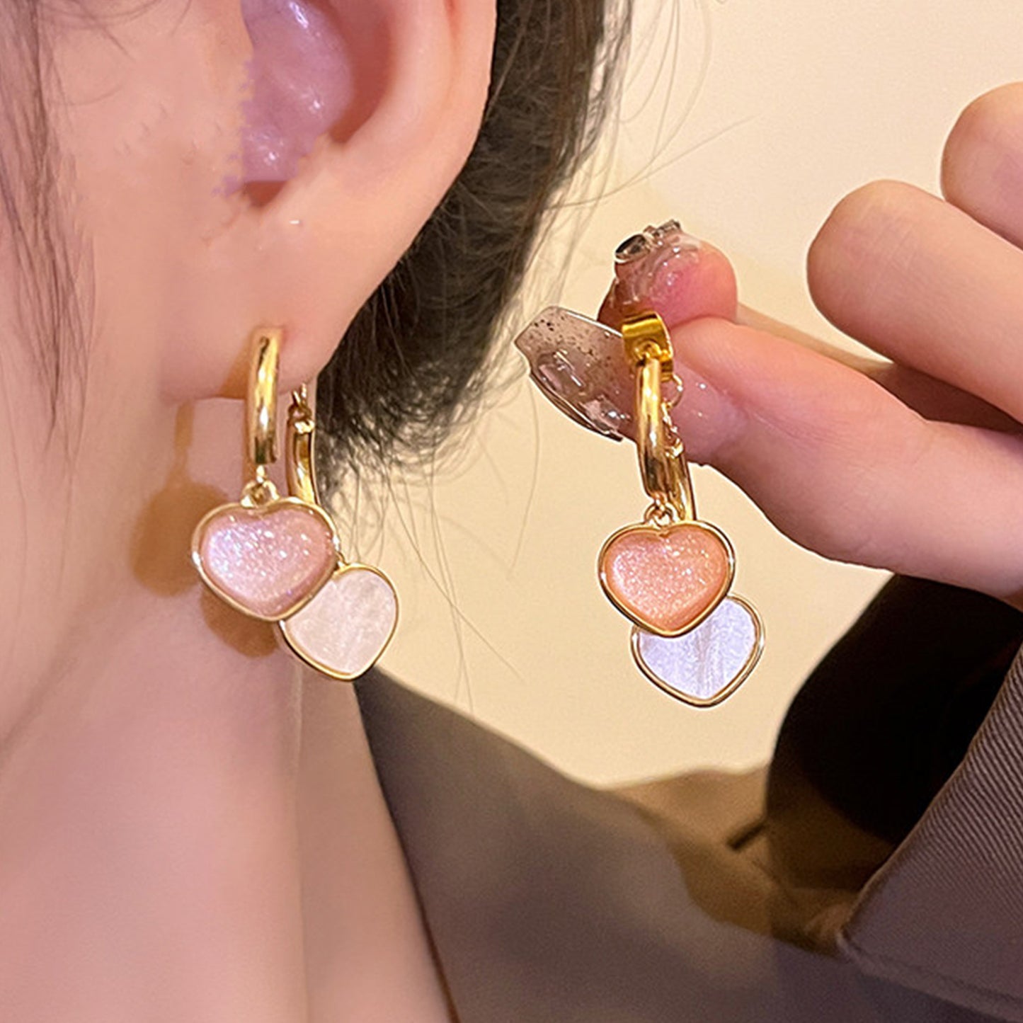 Sweet Elegant Pink White Love Heart Stud Earrings