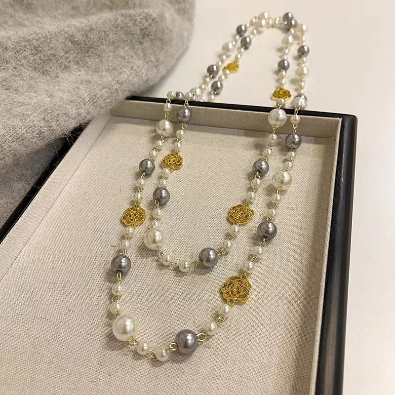 Rose Glass Pearl Stackable Long Sweater Necklaces