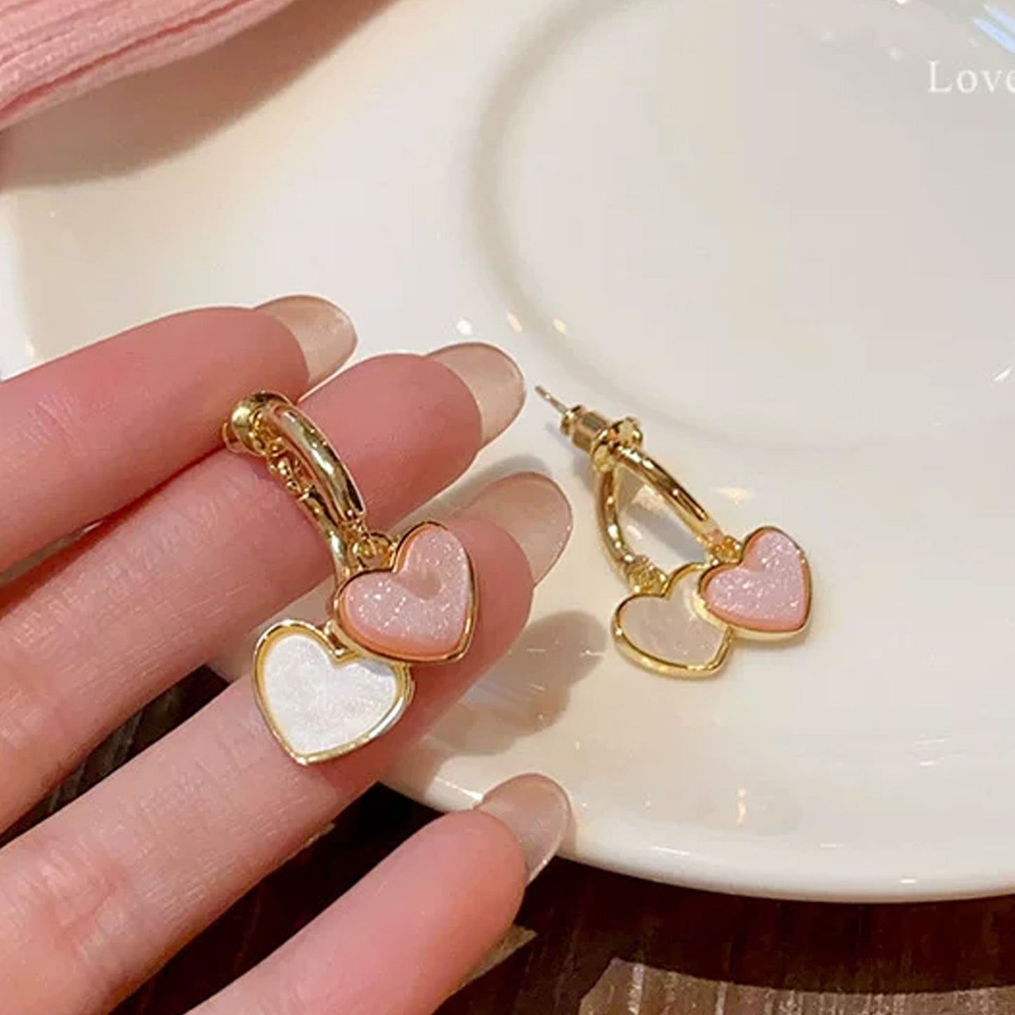 Sweet Elegant Pink White Love Heart Stud Earrings