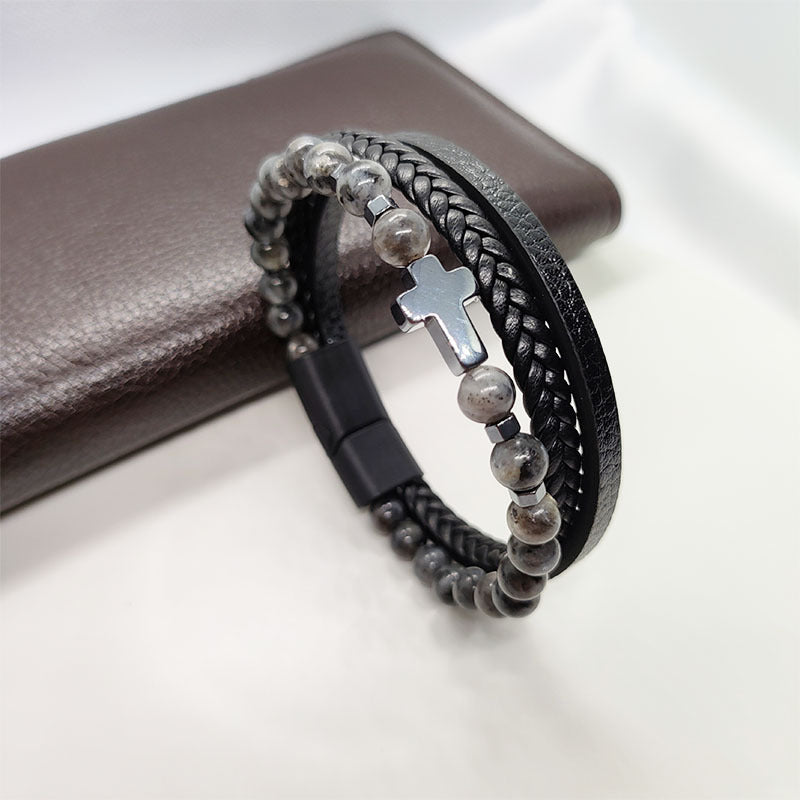 Cross Hematite Personalized Fashion Woven Leather Tigereye Frosted Bracelets