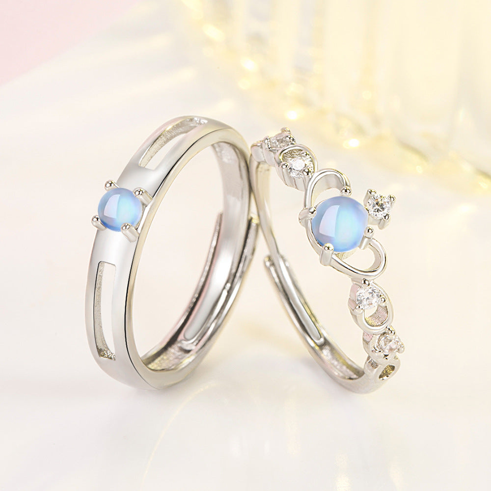 Women's & Men's Personality Open Moonlight Lovers Couple Moonstone Ring