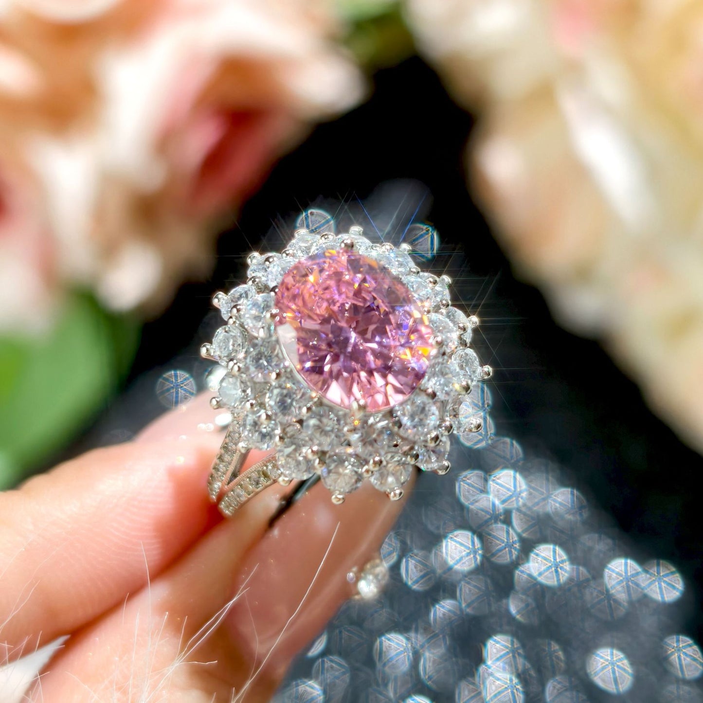 Women's Bright Princess Pink Flash High-grade Full Diamond Open-end Ring