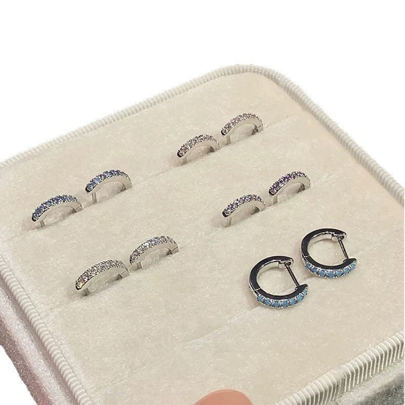 Simple Blue Zircon Straight Needle Ear Female Edge Stud Earrings