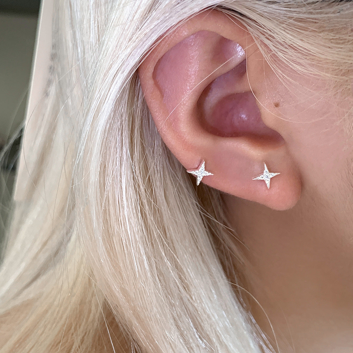 Sier Needle Four Stars Zircon Minimalist Everyday Joker Trendy Stud Earrings