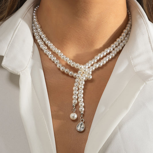 Retro Imitation Pearl Drop-shaped Diamond Clavicle Temperament Beaded Weave Double Necklaces