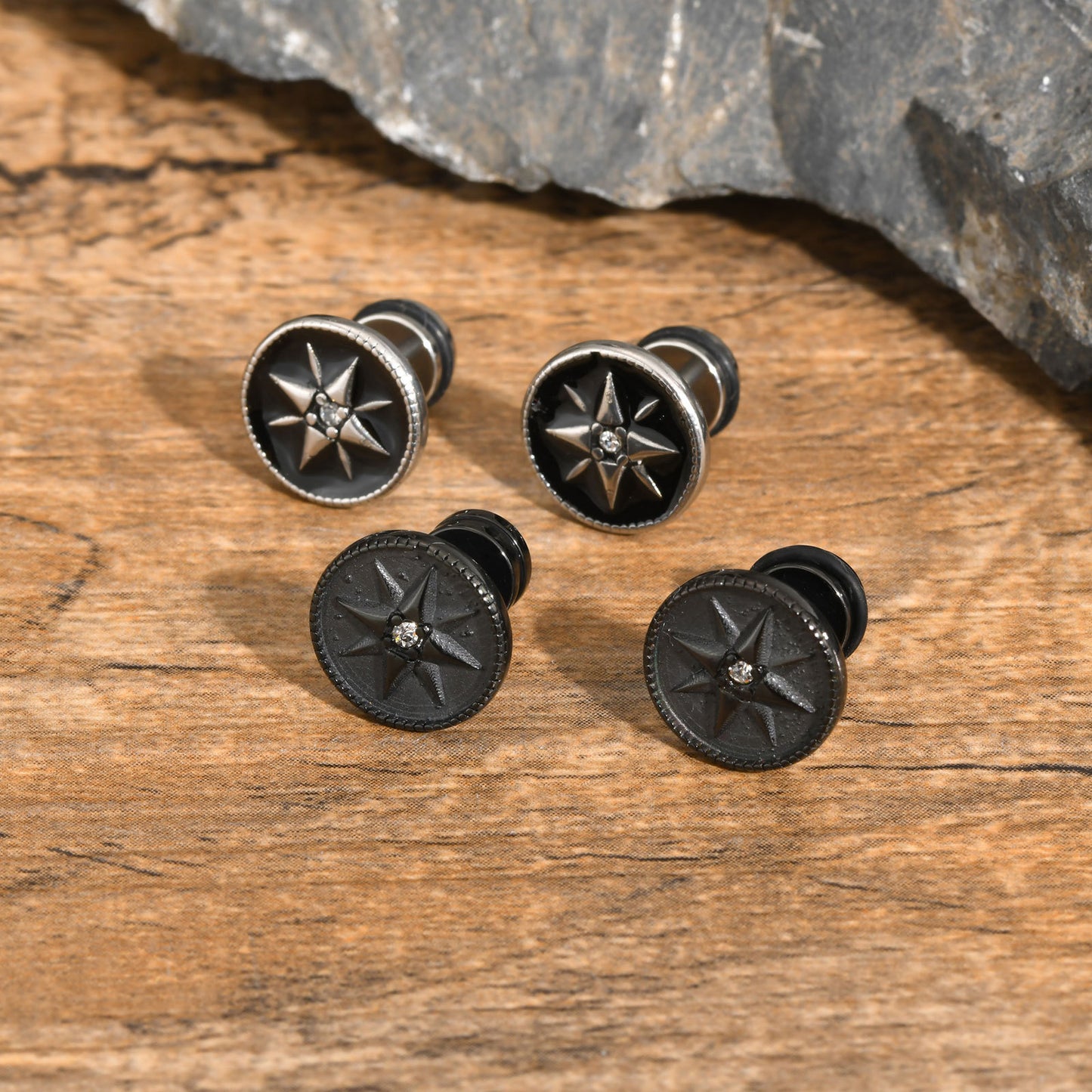 Hop Stainless Steel Drop Vinyl Zircon Eight Awn Star Round Stud Earrings