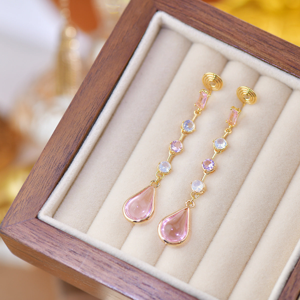 Pink Crystal Peach Blossom Tears Long Earrings