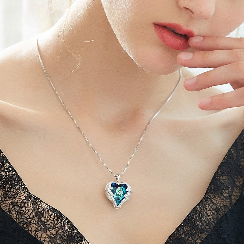Ocean Heart Female Angel Wings Crystal Necklace