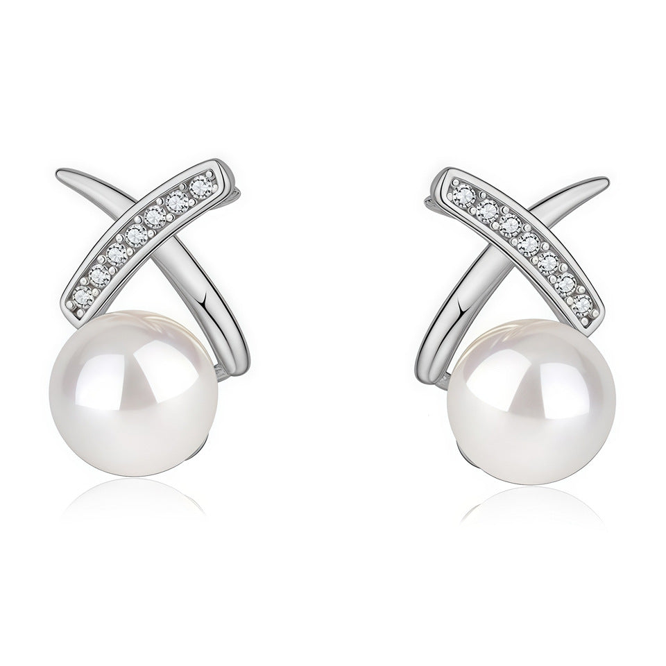 Natural Freshwater Pearl Ear X-shaped Cross Line Stud Earrings
