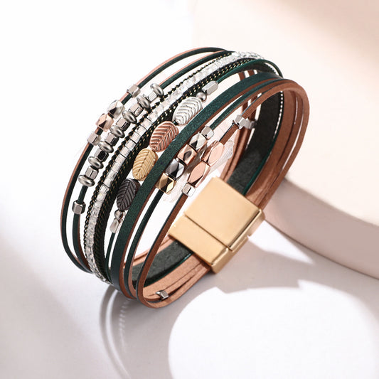 Women's Bohemian Wrist Leather Woven Leaf Shaped Ethnic Style Magnetic Snap Bracelets