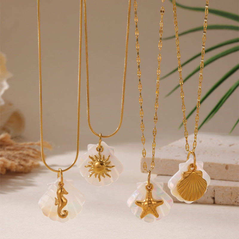 Ocean Female Vacation Style Seahorse Starfish Scallop Clavicle Chain Gold Necklace