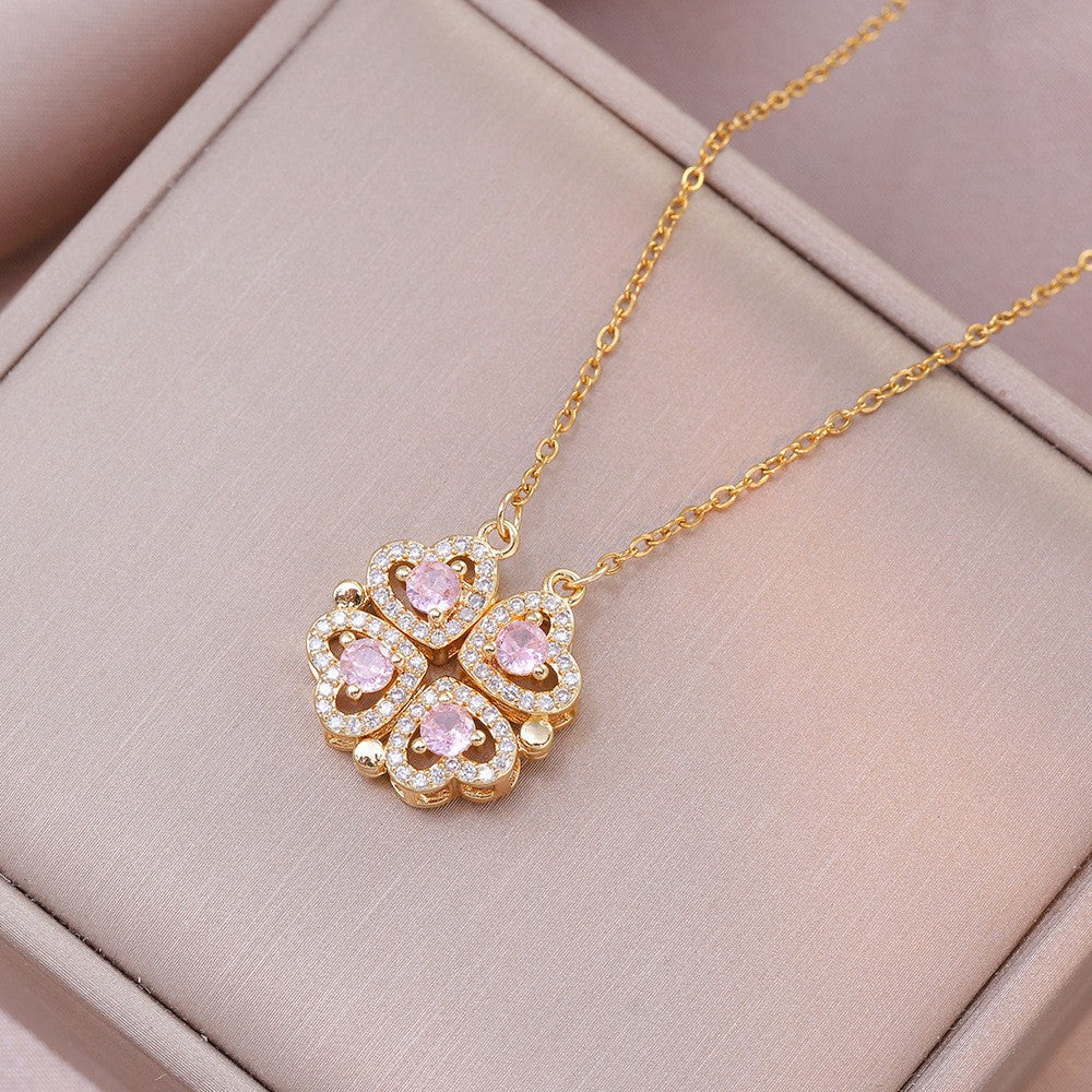 Women's Steel Cross Chain Open Close Four-leaf Flower Necklace