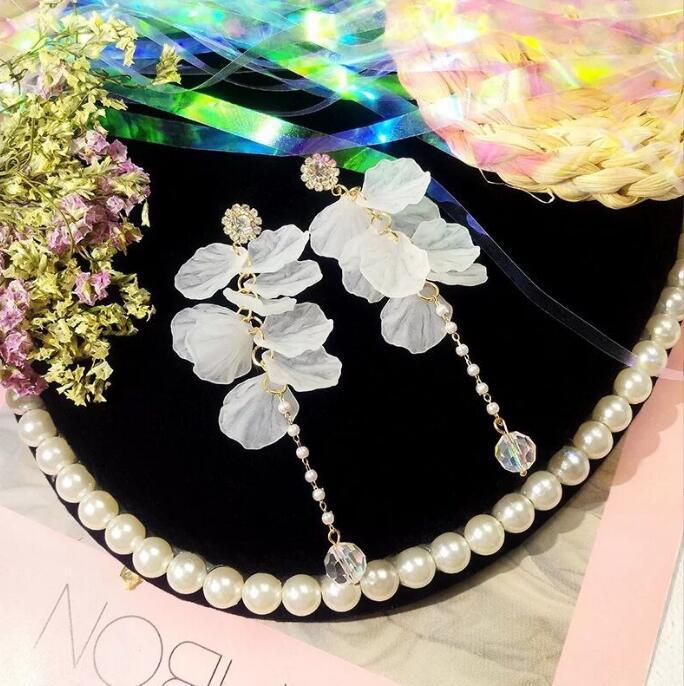 Women's Colorful Petal Long Pearl Tassel Trendy Flower Stud Earrings