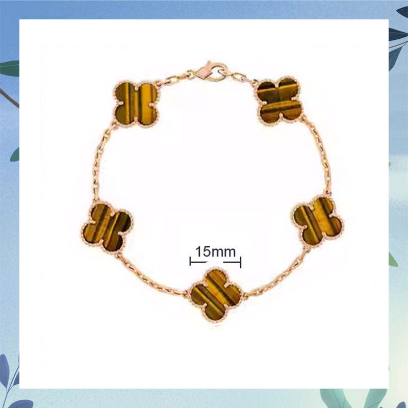 Women's Four-leaf Clover Rose Gold Red Agate Black White Shell Flower Bracelet