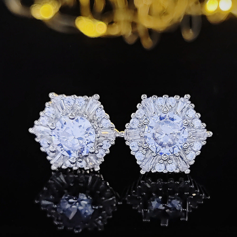 Women's Crystal White Zircon Hexagonal Retro Double Stud Earrings