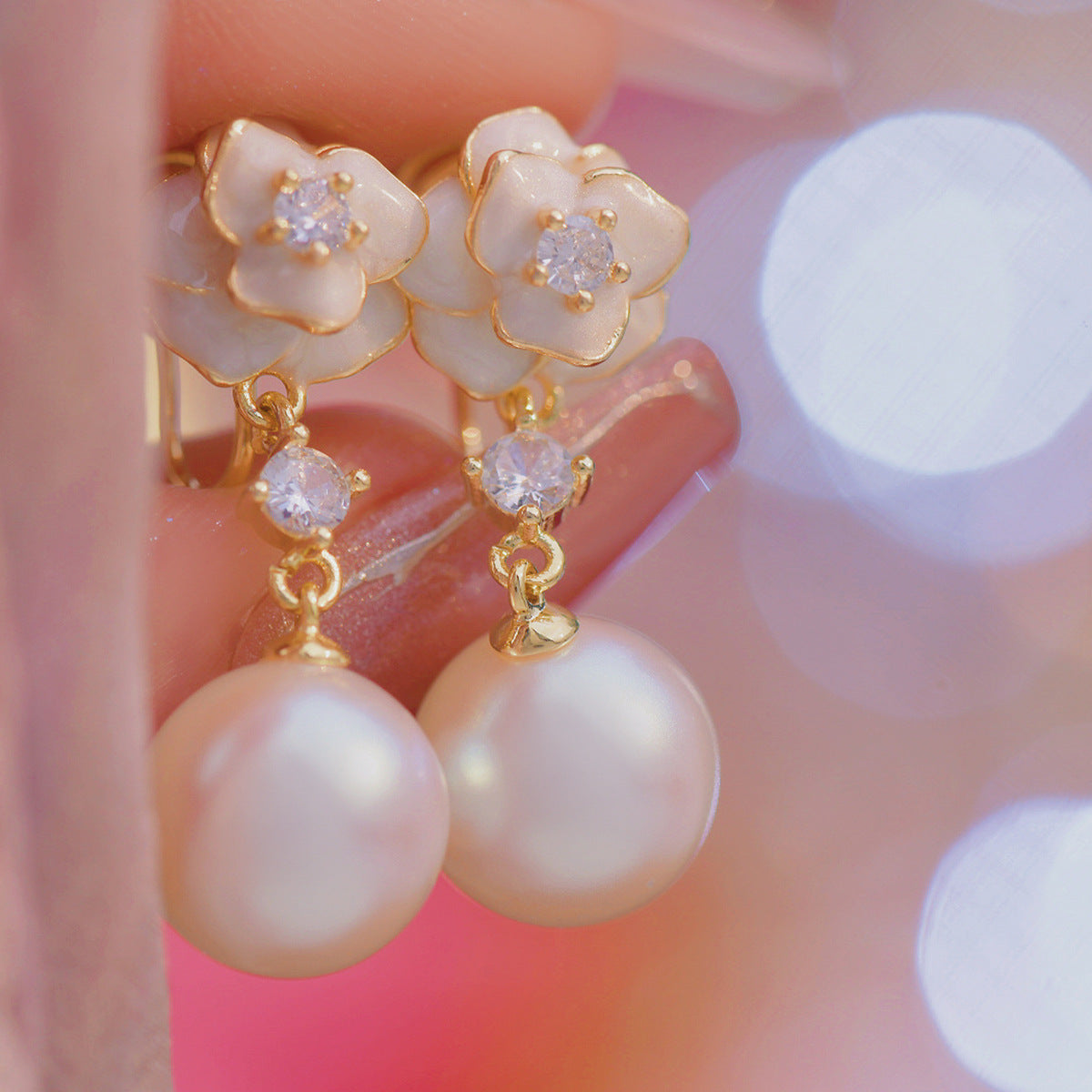 Sense Camellia Drip Glazed Pearl Refined Zircon Long Pink Mosquito Rings