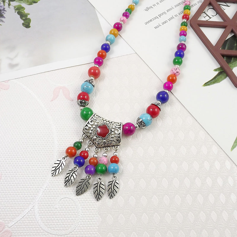 Retro Ethnic Style Crescent Leaf Tassel Forehead Exotic Necklace