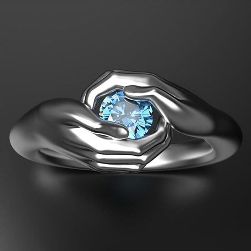 Shi Vintage Hands Hug Blue Zircon Copper Punk Halloween Rings