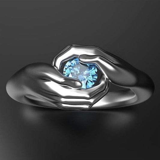 Shi Vintage Hands Hug Blue Zircon Copper Punk Halloween Rings