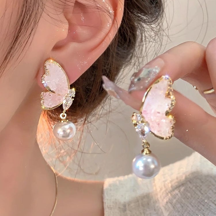 Debris Gradient Crystal Flowers Butterfly Female Special Interest Earrings