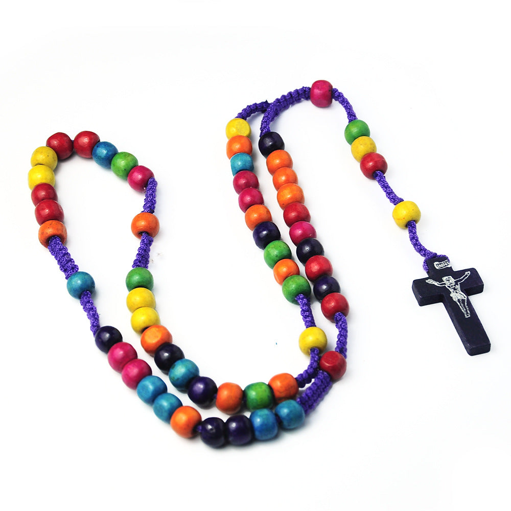 Colorful Wooden Bead Church Beads Cross Necklaces