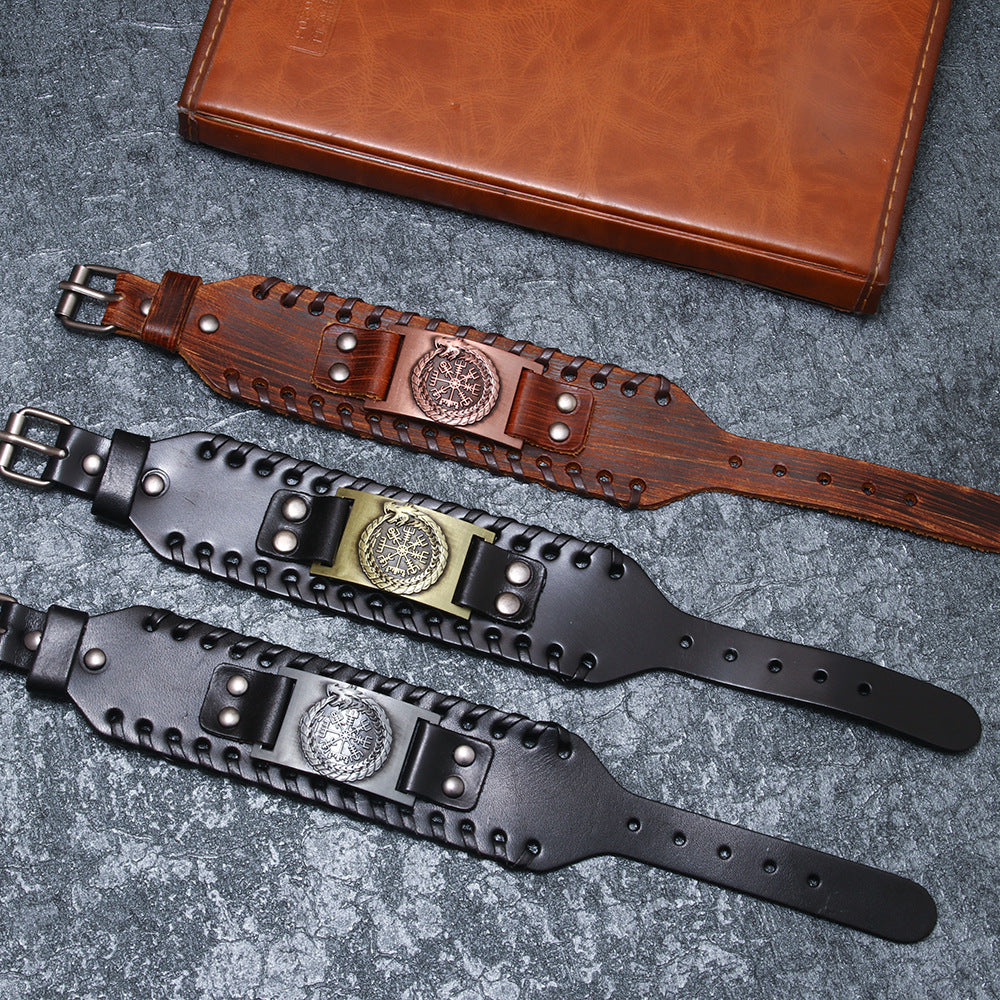 Leather Chinese Dragon Vintage Compass Pirate Bracelet