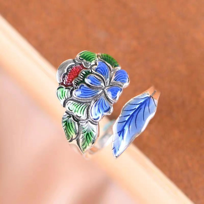 Women's Peony Enamel Open Niello Jewelry Lotus Rings