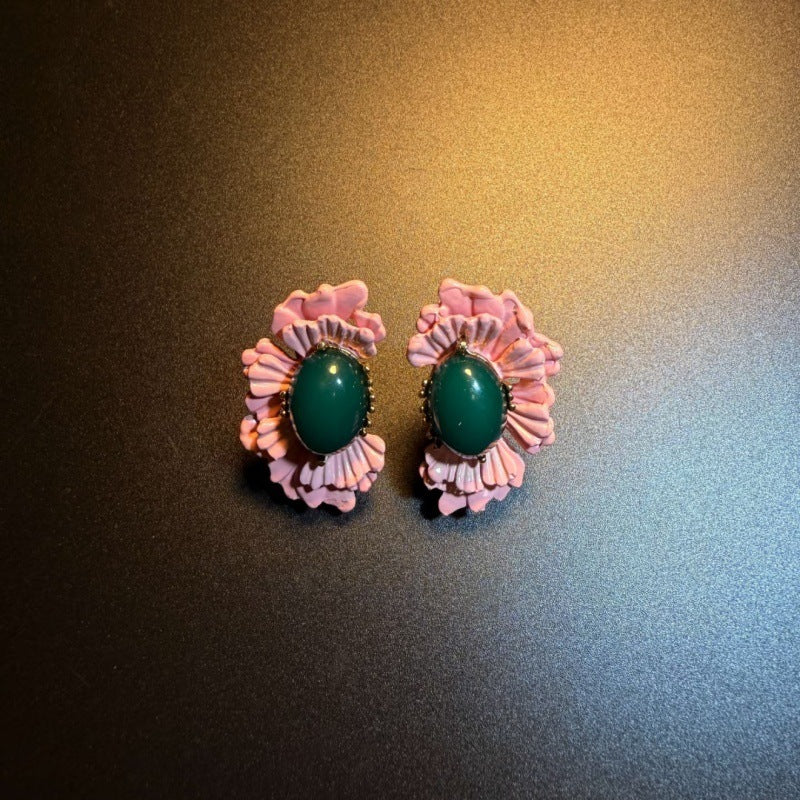 Vintage Pink Geometric Sweet Flowers Ear Stud Earrings