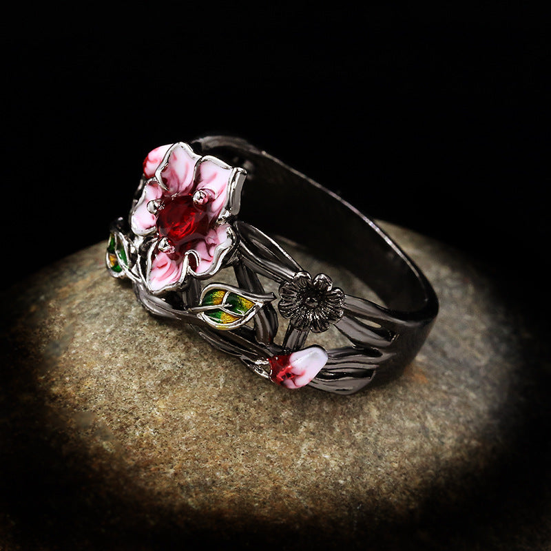 Women's Gothic Style Black Gold Plated Two-tone Flower Fashion Engagement Rings