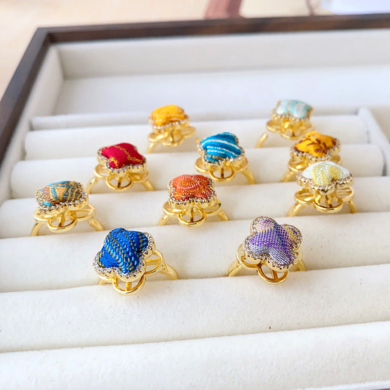 Style Song Dynasty Brocade Clover Rotatable Finished Delicate Rhinestone Copper Rings