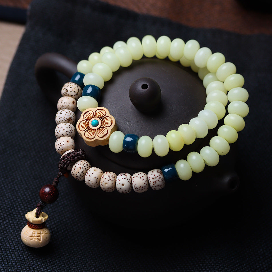 Weathering Custard Bodhi Boxwood Carved Plum Blossom Star Moon Half Bracelets
