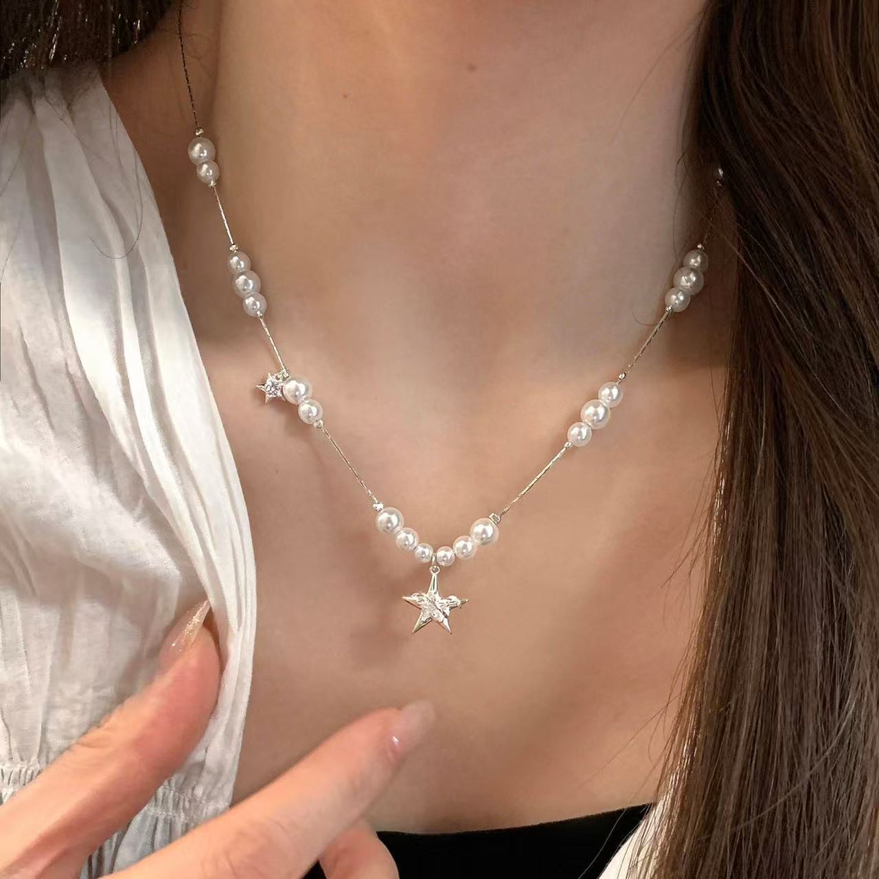 Entry Lux Fashion Zircon Pearl Sweet Cool High Sense Simple Necklace