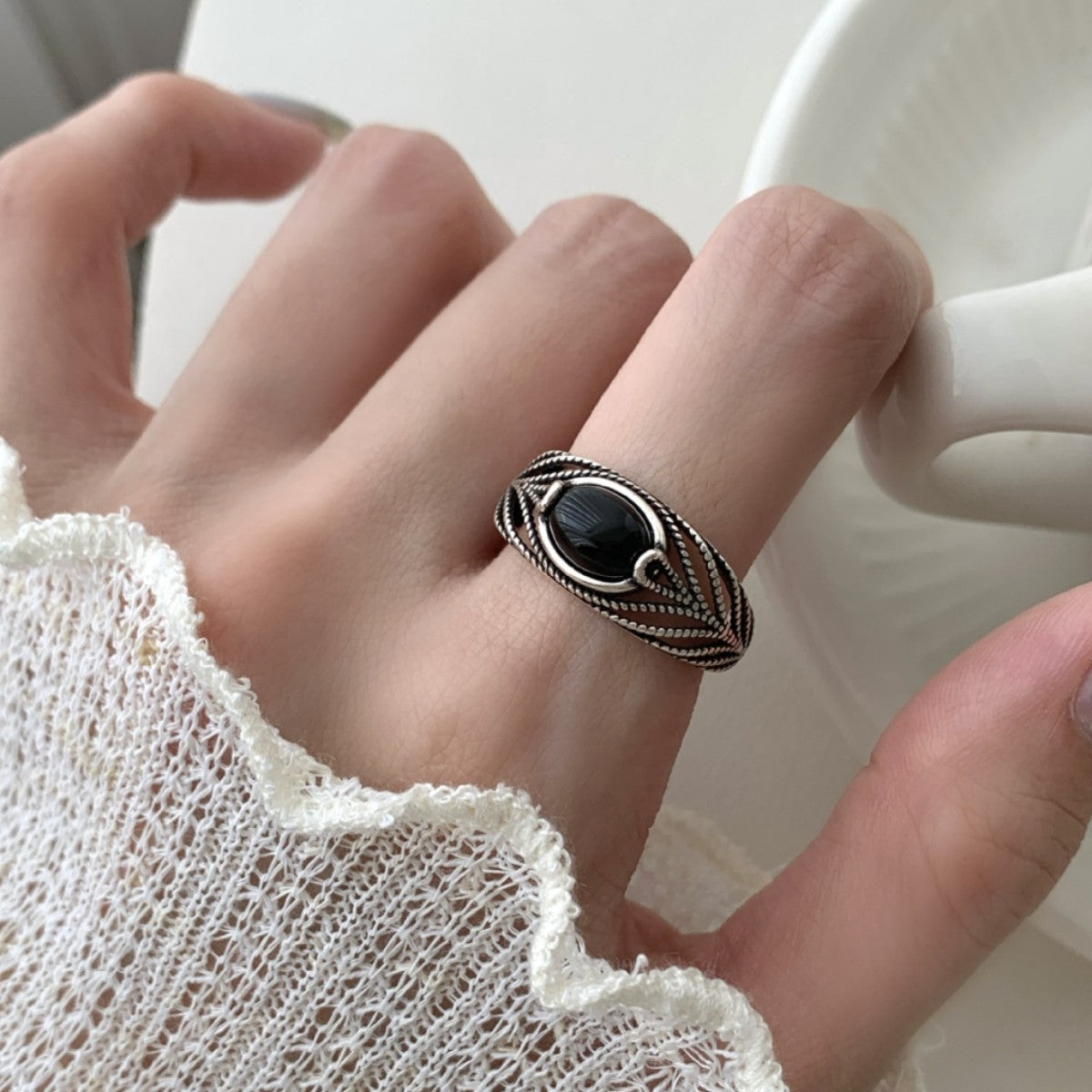 Fashion High Sense Lace Natural Stone Black Agate Female Rings