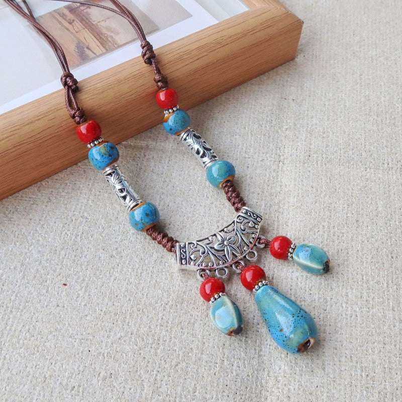 Women's Vintage Ethnic Style Ceramic Long Sweater Necklace