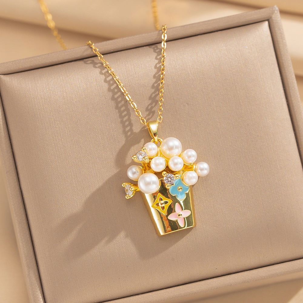 Love Heart Flowers Enamel Fashion Micro Inlaid Zircon Necklace