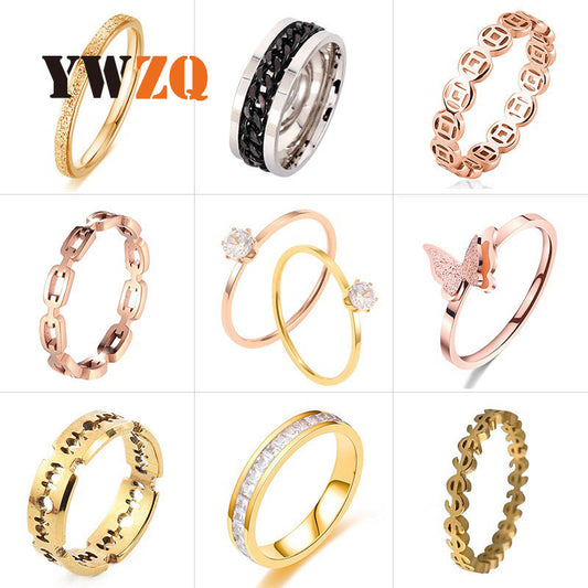 Hollow Jeweled Stainless Female Trend Couple Rings