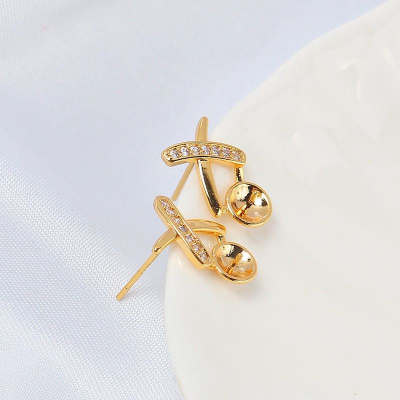 Women's Electroplated Real Gold X Type Zircon Pearl Auricular Needle Sier Stud Earrings