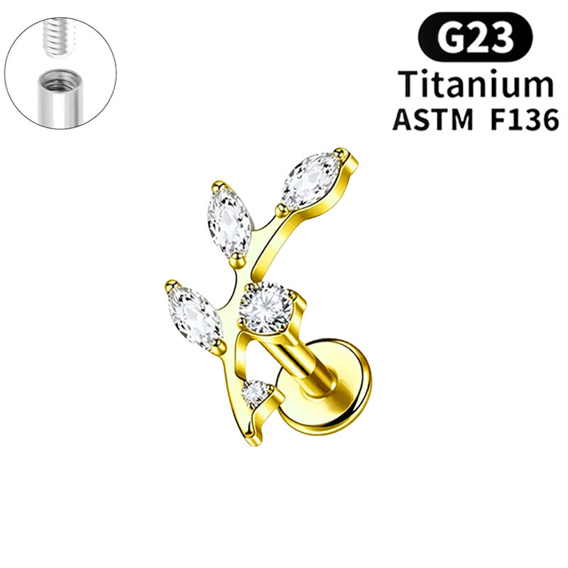 Titanium Alloy Flower Piercing Internal Thread Horse Eye Real Gold Stud Earrings